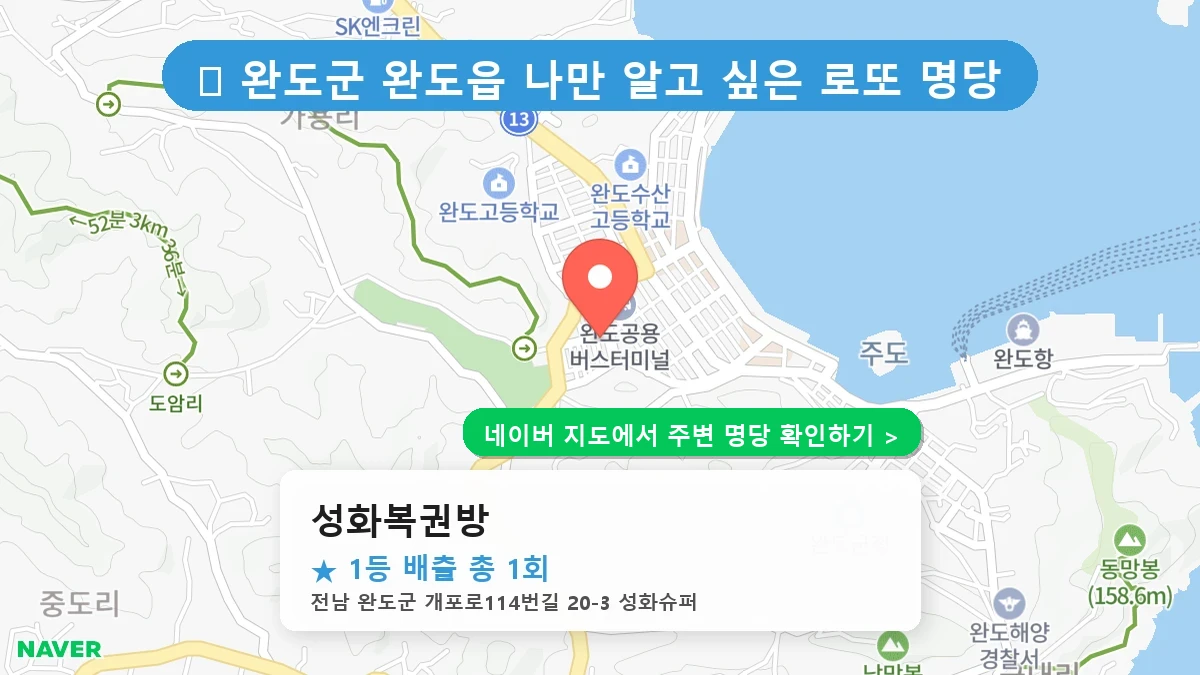 제1222회 완도군 완도읍 로또 명당 성화복권방 위치 및 상세정보