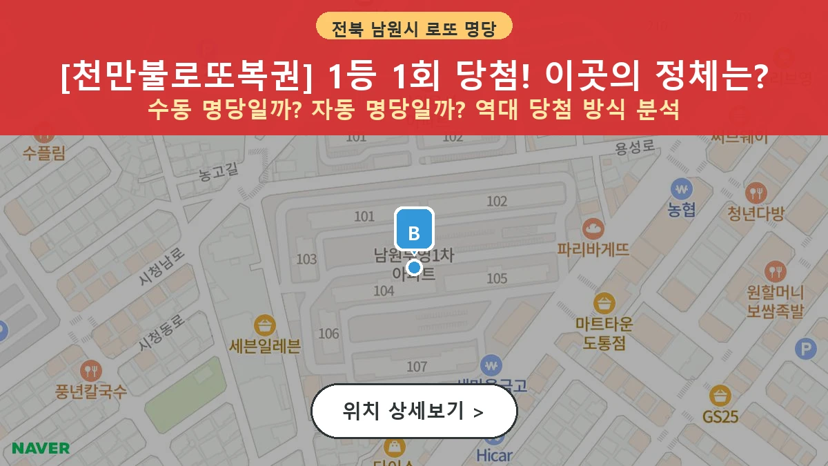 제1206회 남원시 도통동 로또 명당 천만불로또복권 위치 및 상세정보