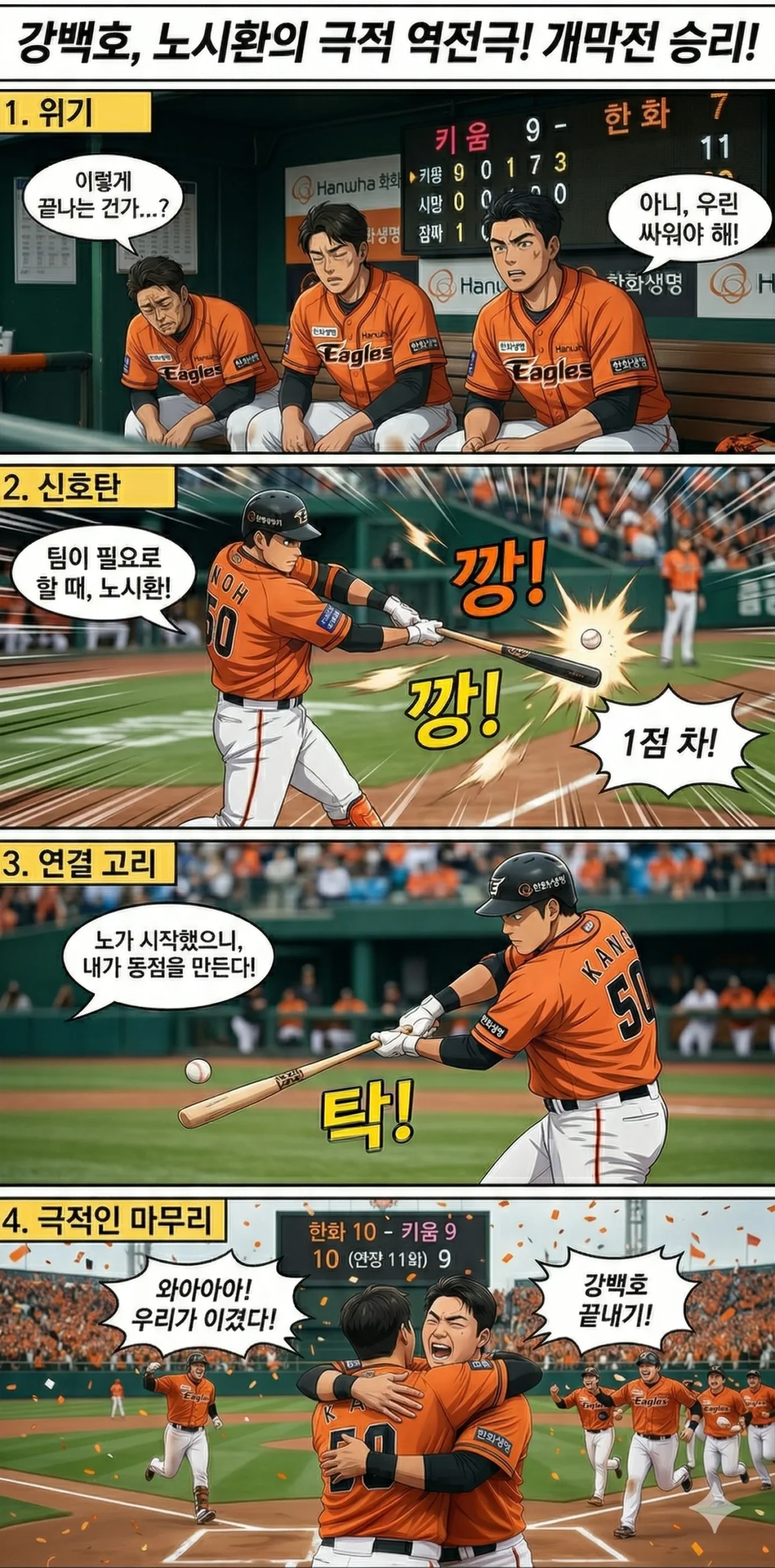2026년 한화 개막전, 어제 경기 결과, 강백호 끝내기, 4컷 만화