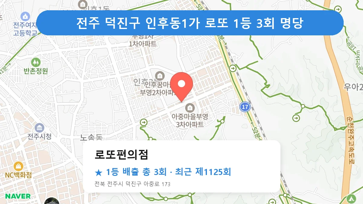 전주 덕진구 로또편의점 로또 1등 3회 명당 | 위치·당첨 이력 (전북 전주시 덕진구 인후동1가)