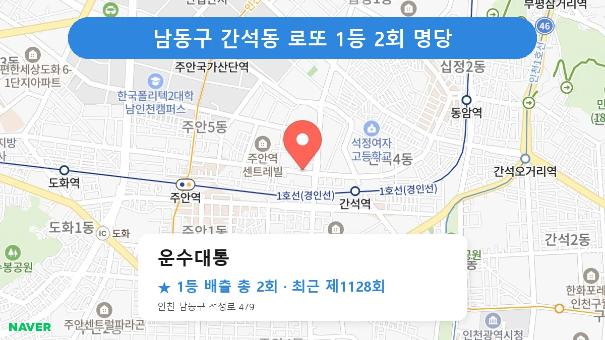 남동구 운수대통 로또 1등 2회 명당 | 위치·당첨 이력 (인천 남동구 간석동)