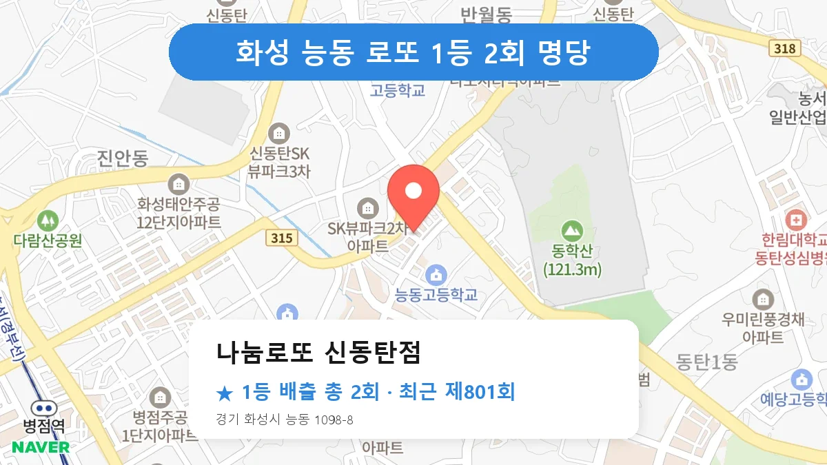 화성 나눔로또 신동탄점 로또 1등 2회 명당 | 위치·당첨 이력 (경기 화성시 능동)
