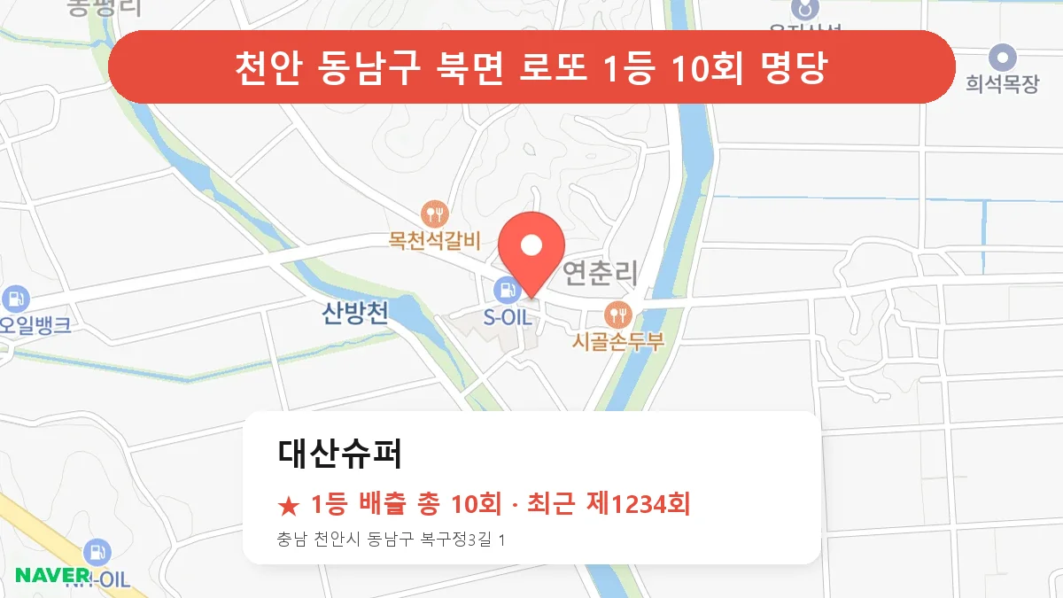 천안 동남구 대산슈퍼 로또 1등 10회 명당 | 위치·당첨 이력 (충남 천안시 동남구 북면)