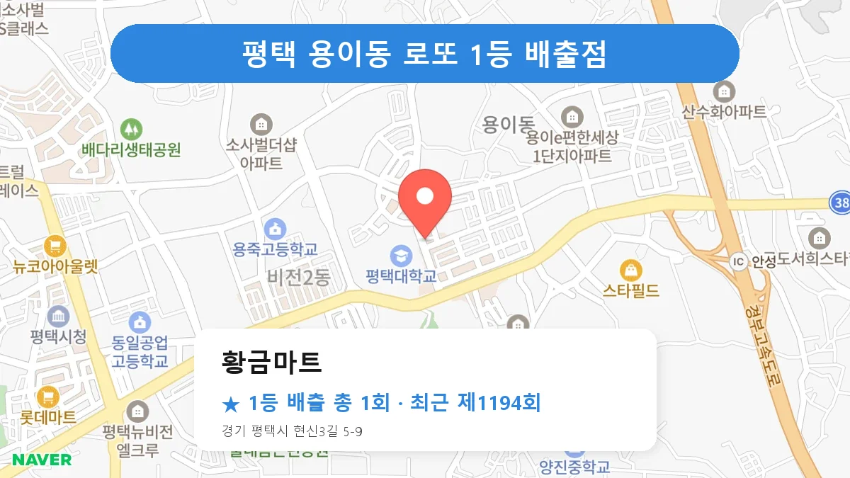 평택 황금마트 로또 1등 1회 명당 | 위치·당첨 이력 (경기 평택시 용이동)