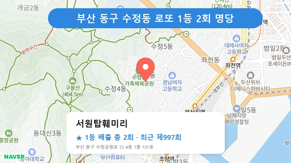 부산 동구 서원탑훼미리 로또 1등 2회 명당 | 위치·당첨 이력 (부산 동구 수정동)