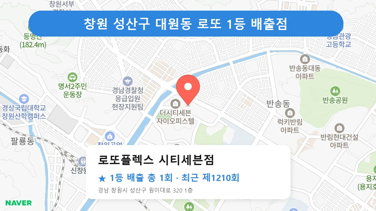 창원 성산구 로또플렉스 시티세븐점 로또 1등 1회 명당 | 위치·당첨 이력 (경남 창원시 성산구 대원동)