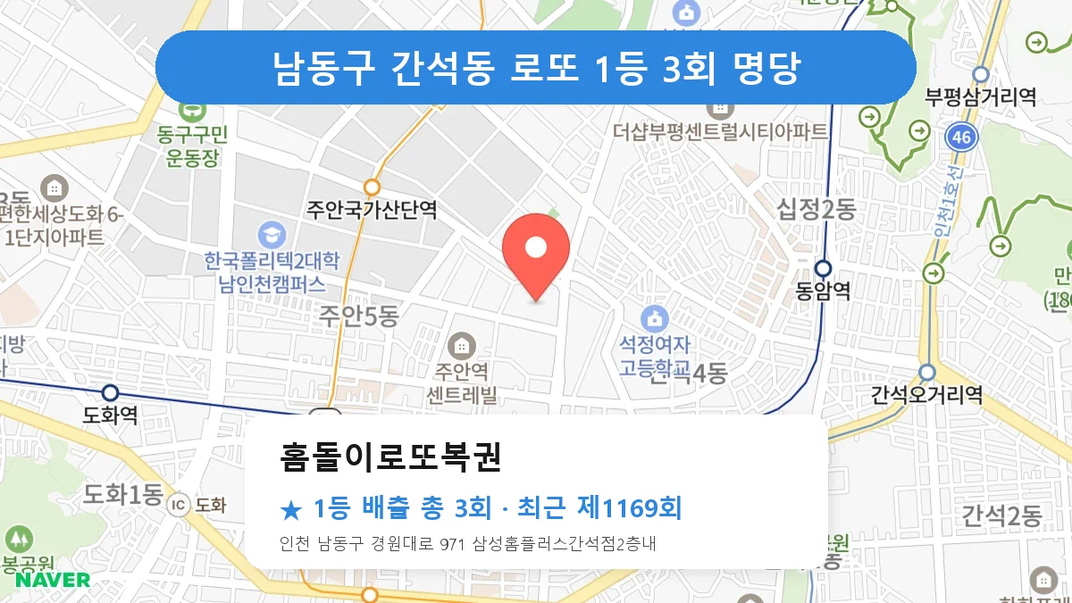 남동구 홈돌이로또복권 로또 1등 3회 명당 | 위치·당첨 이력 (인천 남동구 간석동)