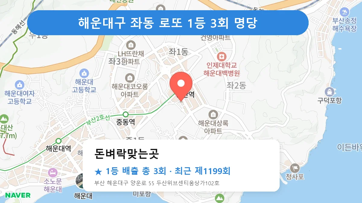 해운대구 돈벼락맞는곳 로또 1등 3회 명당 | 위치·당첨 이력 (부산 해운대구 좌동)