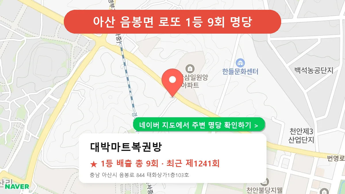 제1241회 아산시 음봉면 로또 명당 대박마트복권방 위치