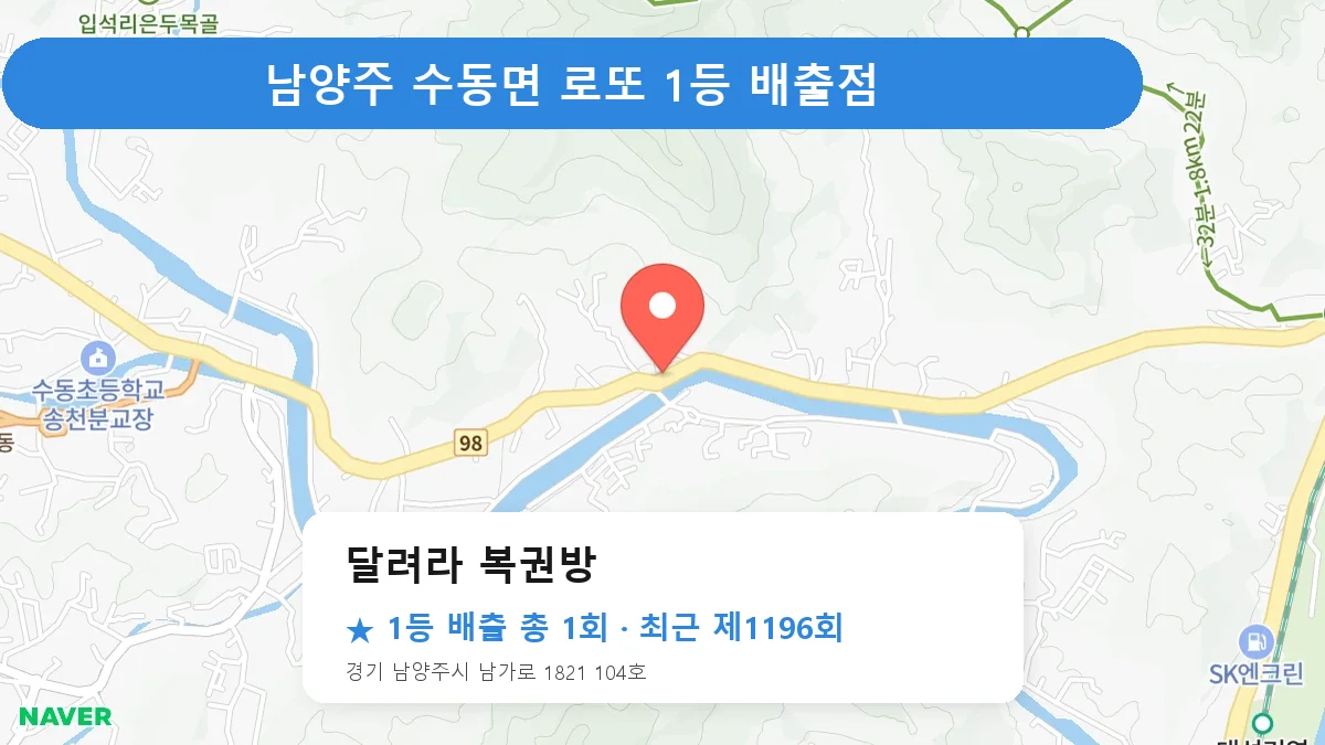 남양주 달려라 복권방 로또 1등 1회 명당 | 위치·당첨 이력 (경기 남양주시 수동면)