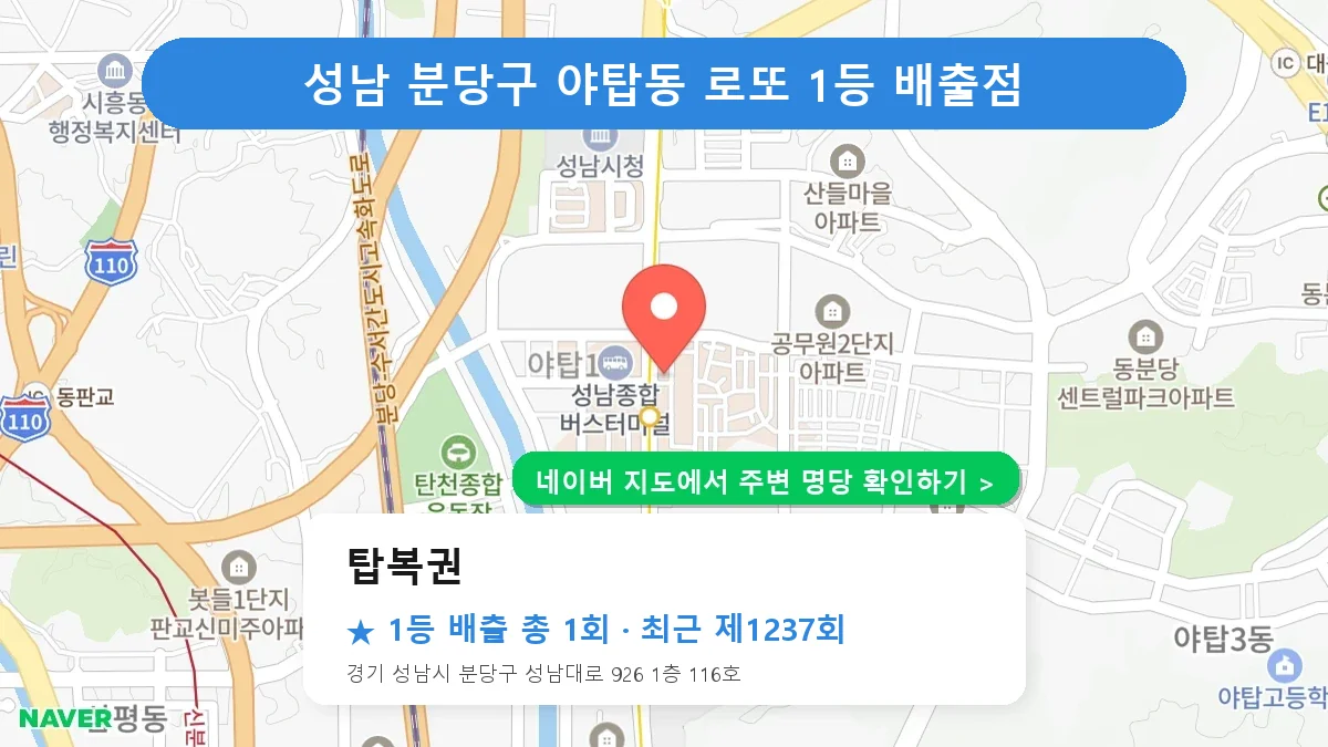 성남 분당구 탑복권 로또 1등 1회 명당 | 위치·당첨 이력 (경기 성남시 분당구 야탑동)