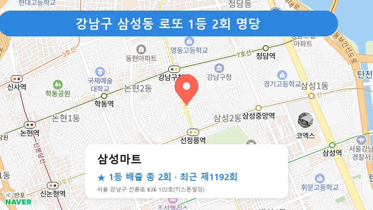 강남구 삼성마트 로또 1등 2회 명당 | 위치·당첨 이력 (서울 강남구 삼성동)