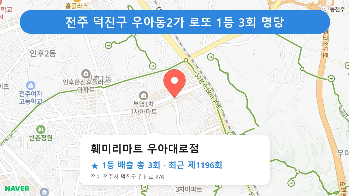 전주 덕진구 훼미리마트 우아대로점 로또 1등 3회 명당 | 위치·당첨 이력 (전북 전주시 덕진구 우아동2가)