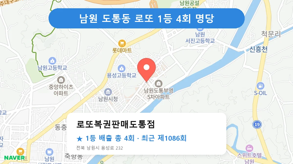 남원 로또복권판매도통점 로또 1등 4회 명당 | 위치·당첨 이력 (전북 남원시 도통동)