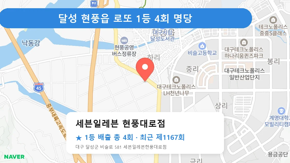 달성 세븐일레븐 현풍대로점 로또 1등 4회 명당 | 위치·당첨 이력 (대구 달성군 현풍읍)