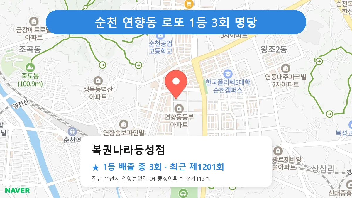순천 복권나라동성점 로또 1등 3회 명당 | 위치·당첨 이력 (전남 순천시 연향동)