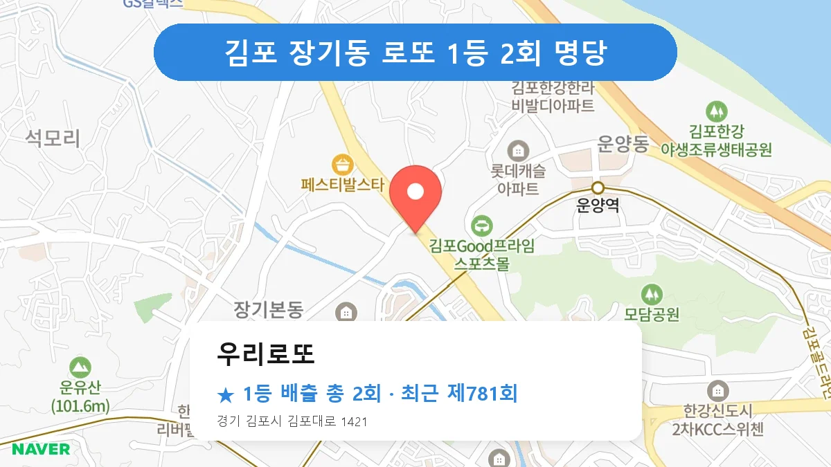 김포 우리로또 로또 1등 2회 명당 | 위치·당첨 이력 (경기 김포시 장기동)