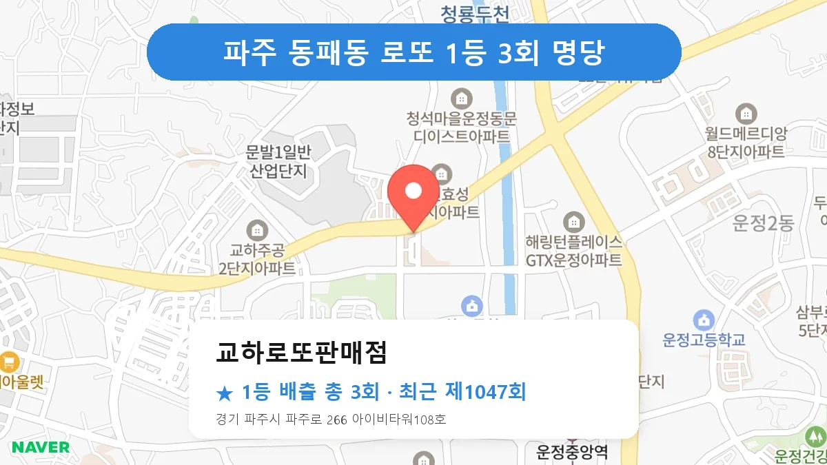 파주 교하로또판매점 로또 1등 3회 명당 | 위치·당첨 이력 (경기 파주시 동패동)
