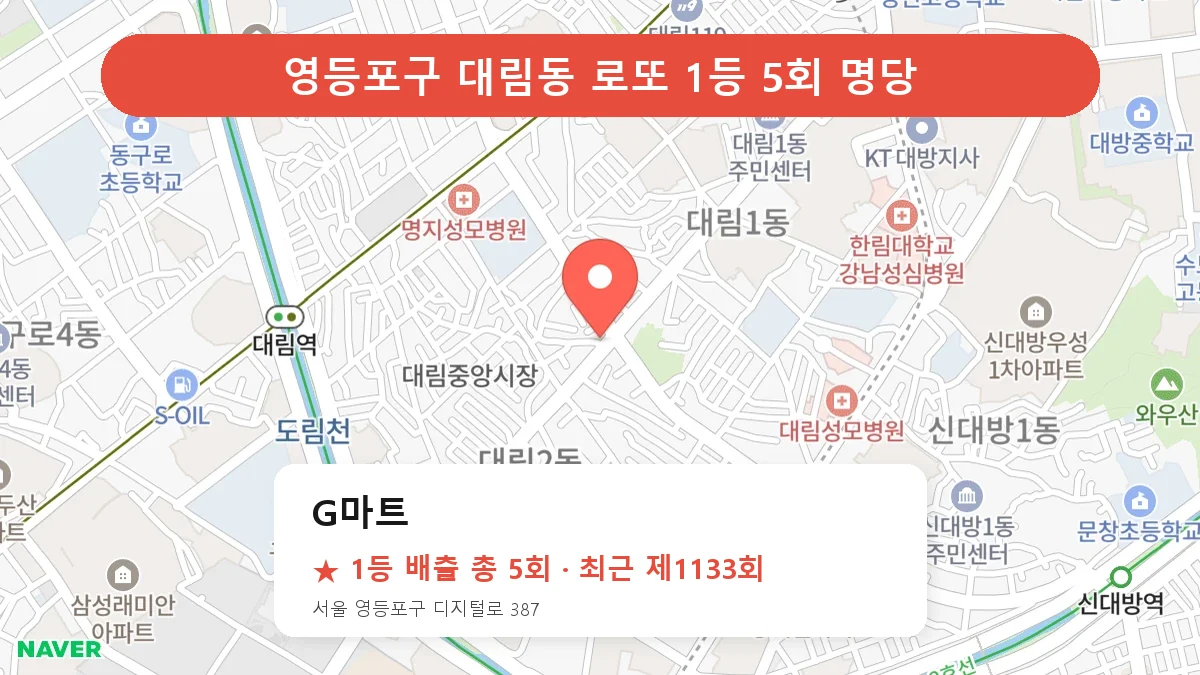 영등포구 G마트 로또 1등 5회 명당 | 위치·당첨 이력 (서울 영등포구 대림동)