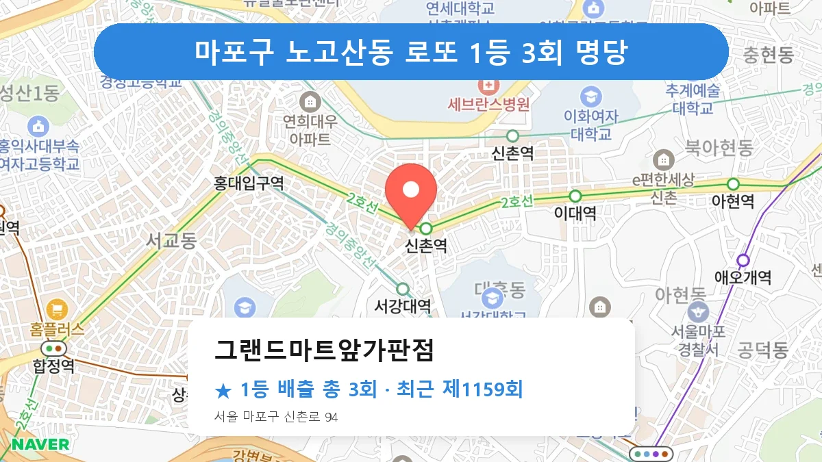 마포구 그랜드마트앞가판점 로또 1등 3회 명당 | 위치·당첨 이력 (서울 마포구 노고산동)