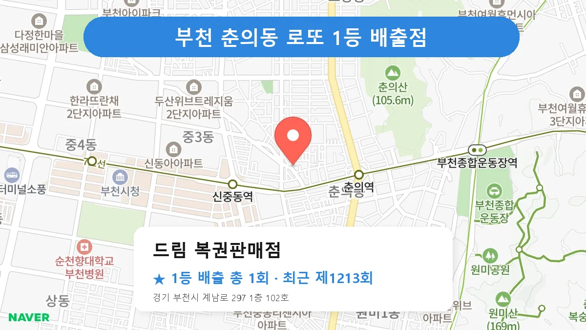 부천 드림 복권판매점 로또 1등 1회 명당 | 위치·당첨 이력 (경기 부천시 춘의동)