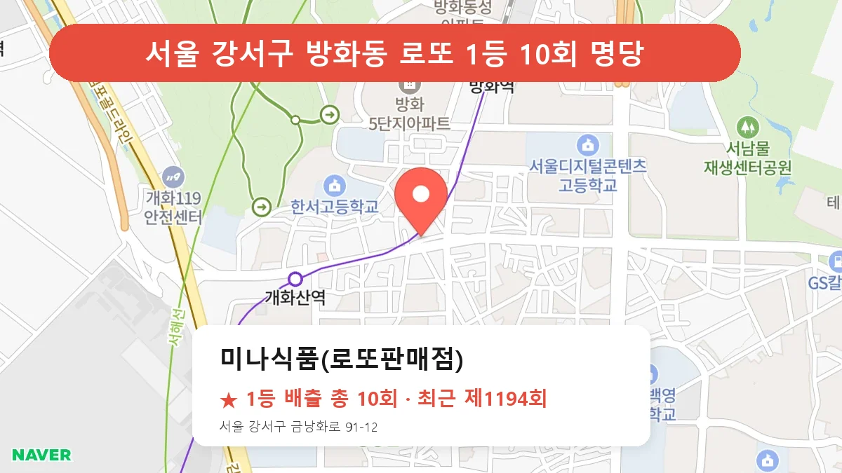 서울 강서구 미나식품(로또판매점) 로또 1등 10회 명당 | 위치·당첨 이력 (서울 강서구 방화동)