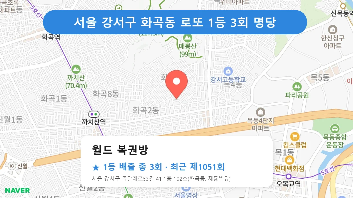 서울 강서구 월드 복권방 로또 1등 3회 명당 | 위치·당첨 이력 (서울 강서구 화곡동)