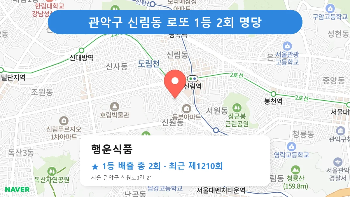 관악구 행운식품 로또 1등 2회 명당 | 위치·당첨 이력 (서울 관악구 신림동)