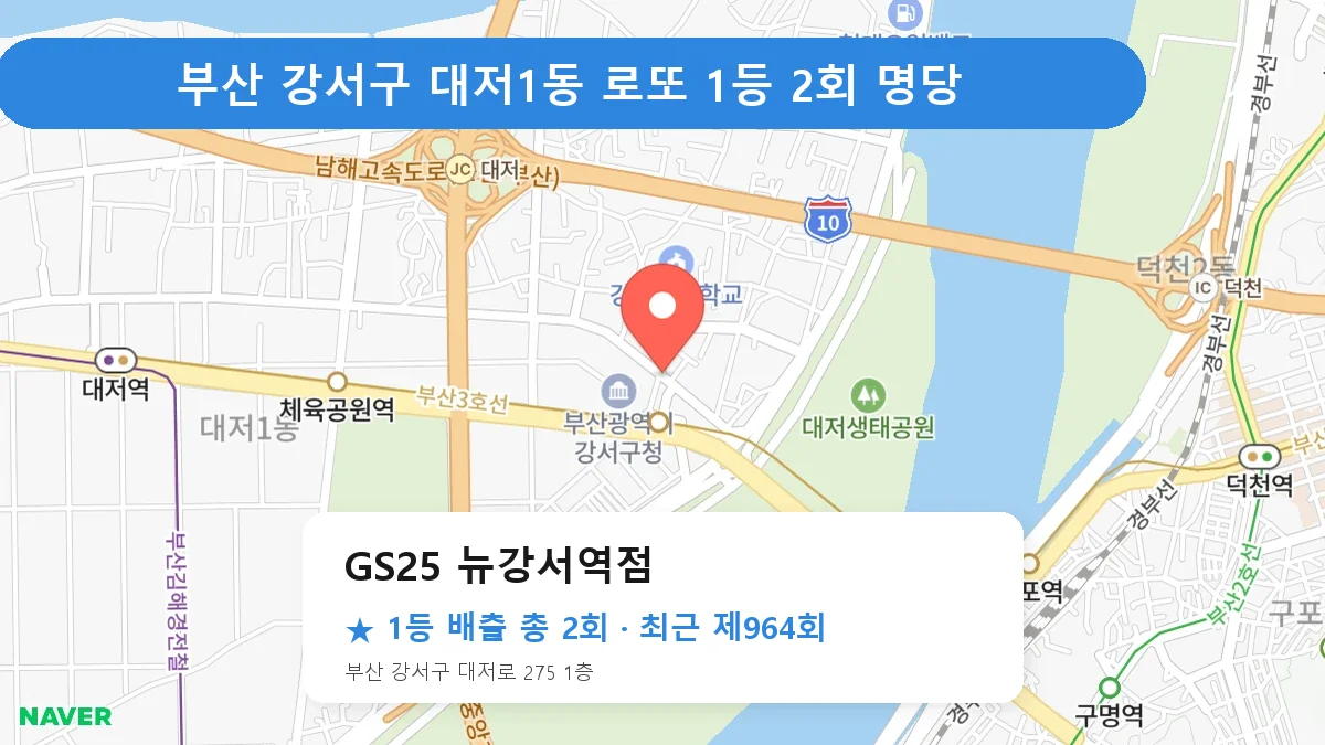 부산 강서구 GS25 뉴강서역점 로또 1등 2회 명당 | 위치·당첨 이력 (부산 강서구 대저1동)