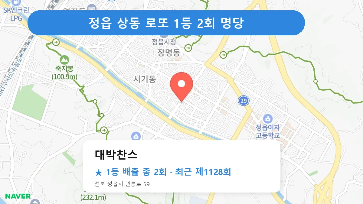 정읍 대박찬스 로또 1등 2회 명당 | 위치·당첨 이력 (전북 정읍시 상동)