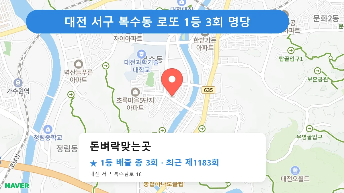 대전 서구 돈벼락맞는곳 로또 1등 3회 명당 | 위치·당첨 이력 (대전 서구 복수동)