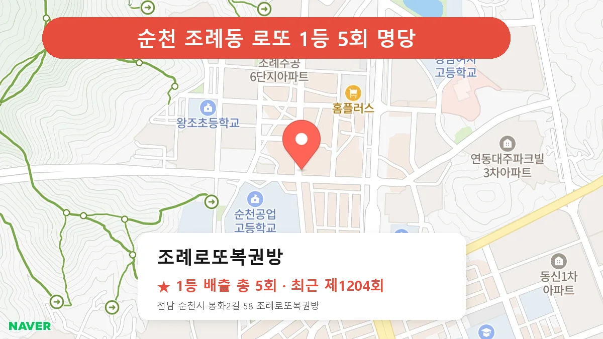 순천 조례로또복권방 로또 1등 5회 명당 | 위치·당첨 이력 (전남 순천시 조례동)