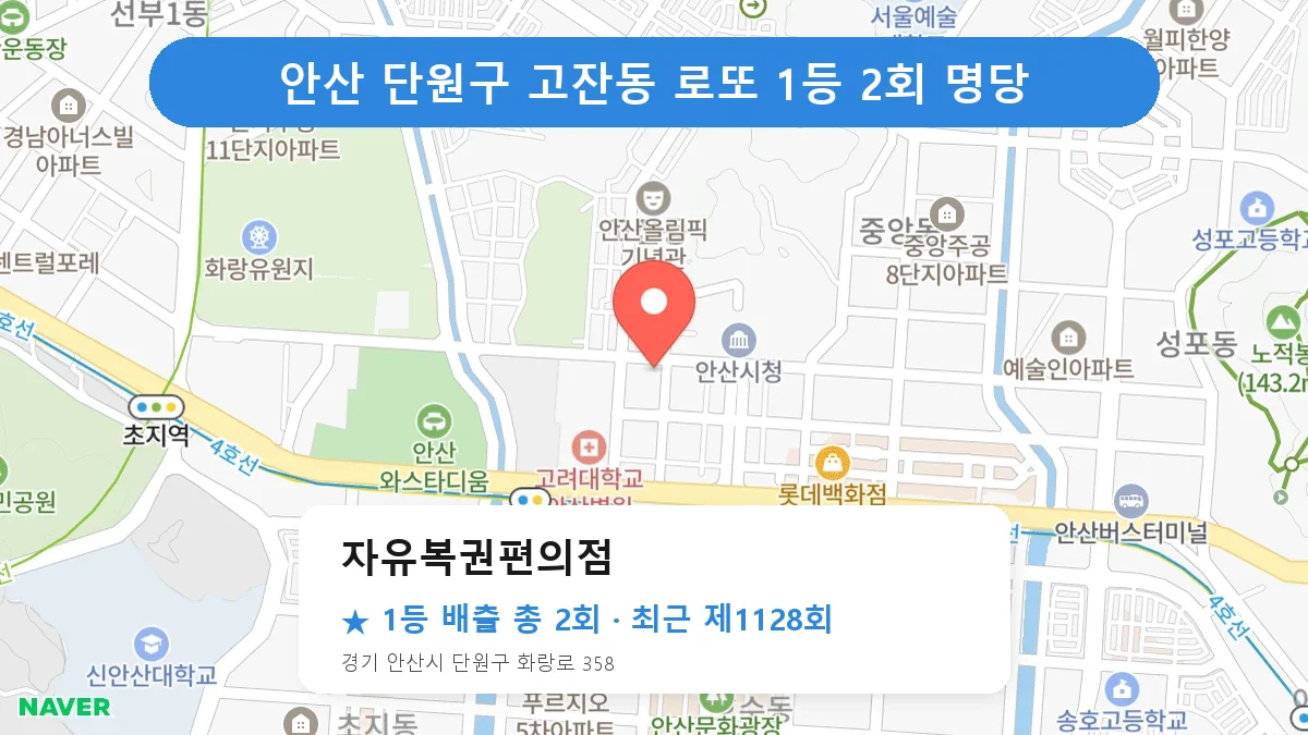 안산 단원구 자유복권편의점 로또 1등 2회 명당 | 위치·당첨 이력 (경기 안산시 단원구 고잔동)