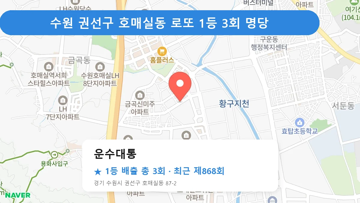 수원 권선구 운수대통 로또 1등 3회 명당 | 위치·당첨 이력 (경기 수원시 권선구 호매실동)