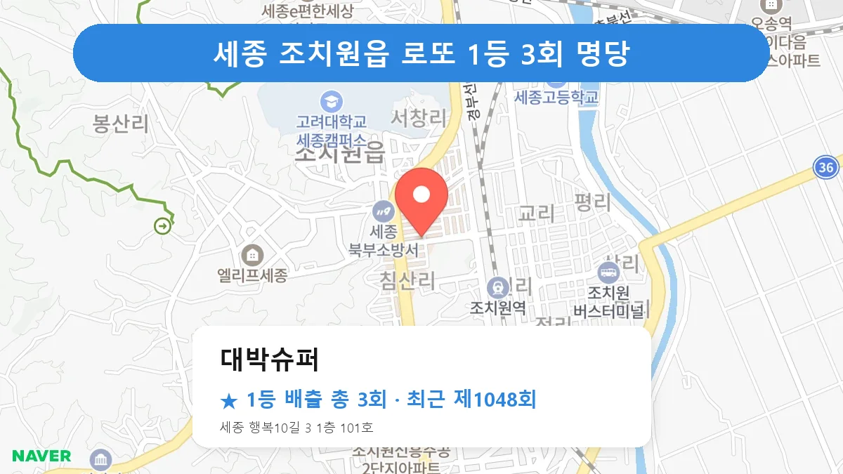 세종 대박슈퍼 로또 1등 3회 명당 | 위치·당첨 이력 (세종 조치원읍)