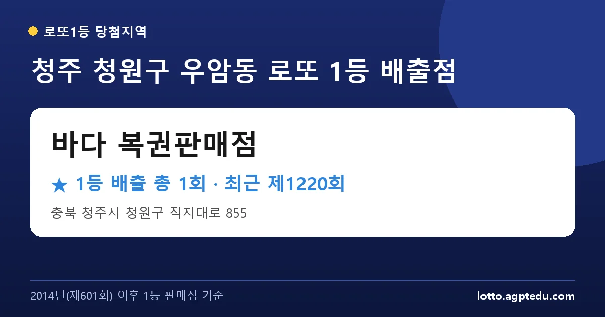 청주 청원구 바다 복권판매점 로또 1등 1회 명당 | 위치·당첨 이력 (충북 청주시 청원구 우암동)