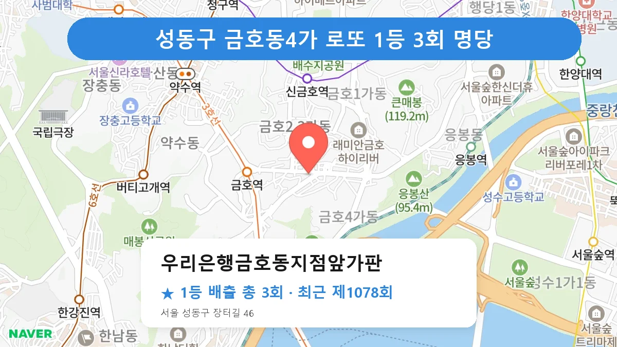 성동구 우리은행금호동지점앞가판 로또 1등 3회 명당 | 위치·당첨 이력 (서울 성동구 금호동4가)