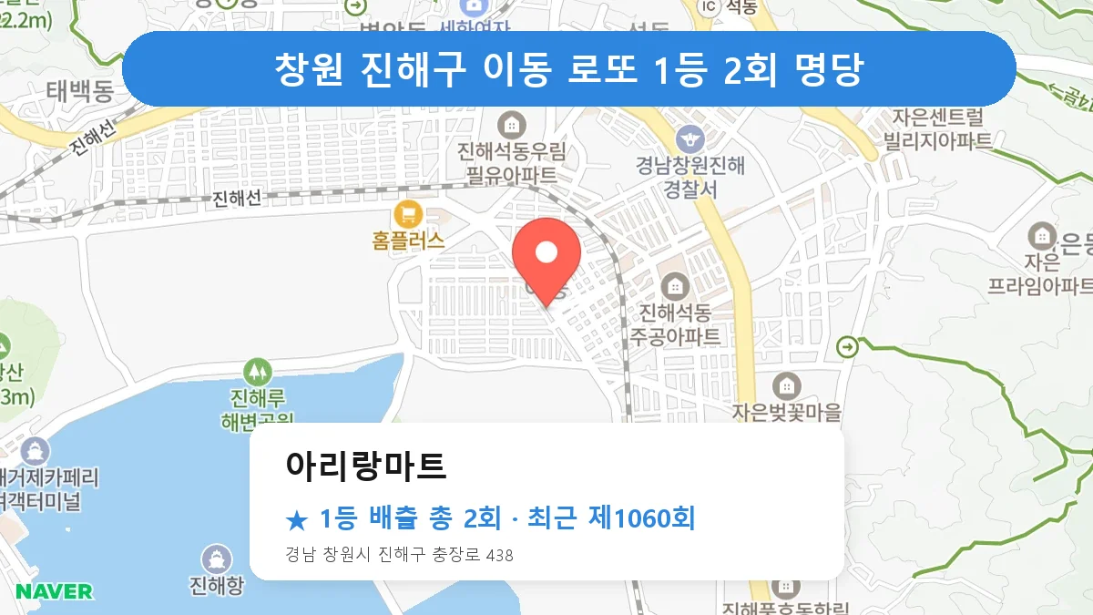 창원 진해구 아리랑마트 로또 1등 2회 명당 | 위치·당첨 이력 (경남 창원시 진해구 이동)