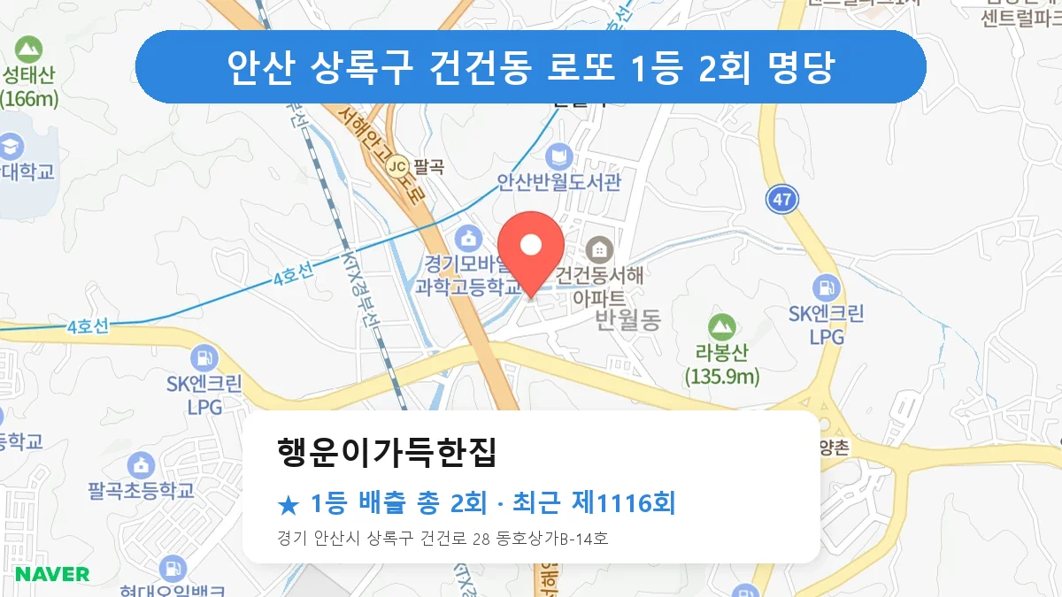 안산 상록구 행운이가득한집 로또 1등 2회 명당 | 위치·당첨 이력 (경기 안산시 상록구 건건동)