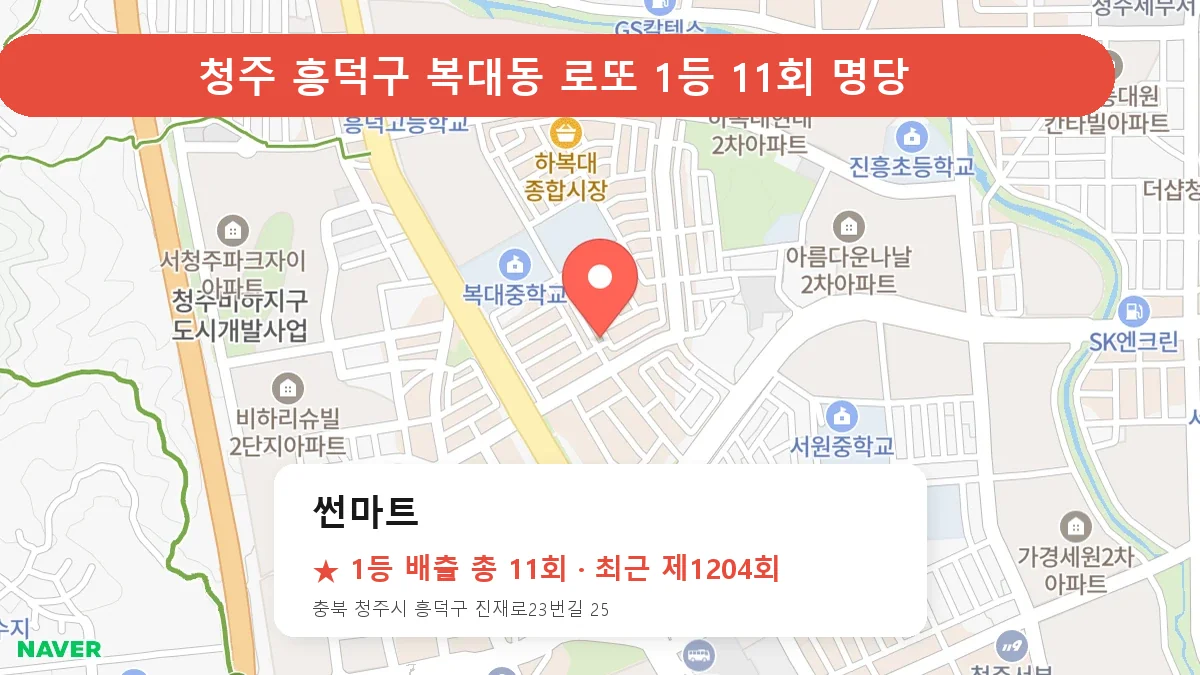청주 흥덕구 썬마트 로또 1등 11회 명당 | 위치·당첨 이력 (충북 청주시 흥덕구 복대동)