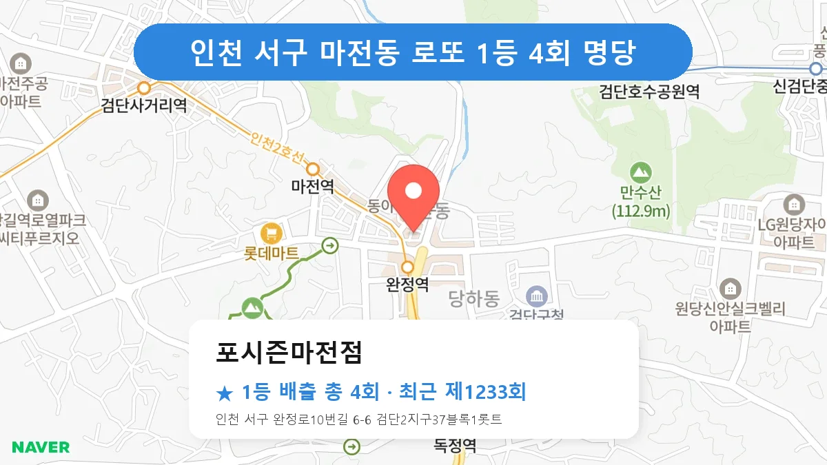 인천 서구 포시즌마전점 로또 1등 4회 명당 | 위치·당첨 이력 (인천 서구 마전동)