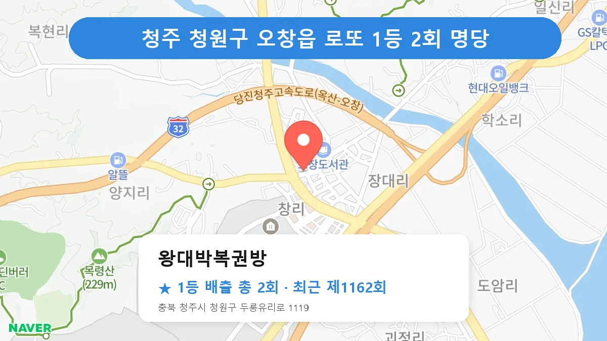 청주 청원구 왕대박복권방 로또 1등 2회 명당 | 위치·당첨 이력 (충북 청주시 청원구 오창읍)