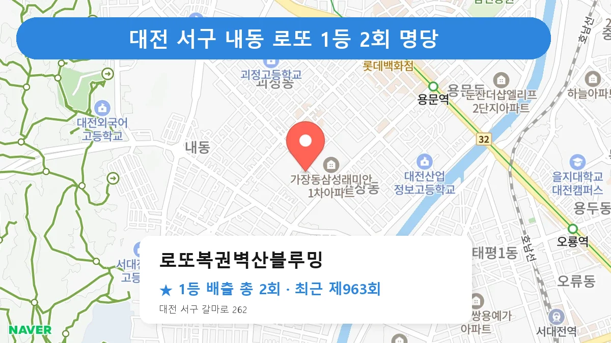 대전 서구 로또복권벽산블루밍 로또 1등 2회 명당 | 위치·당첨 이력 (대전 서구 내동)