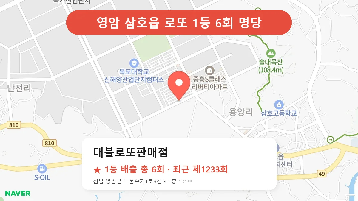 영암 대불로또판매점 로또 1등 6회 명당 | 위치·당첨 이력 (전남 영암군 삼호읍)