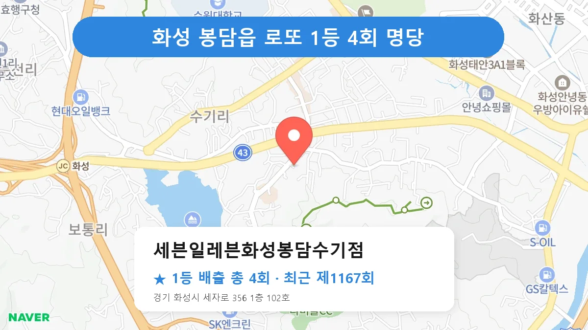 화성 세븐일레븐화성봉담수기점 로또 1등 4회 명당 | 위치·당첨 이력 (경기 화성시 봉담읍)