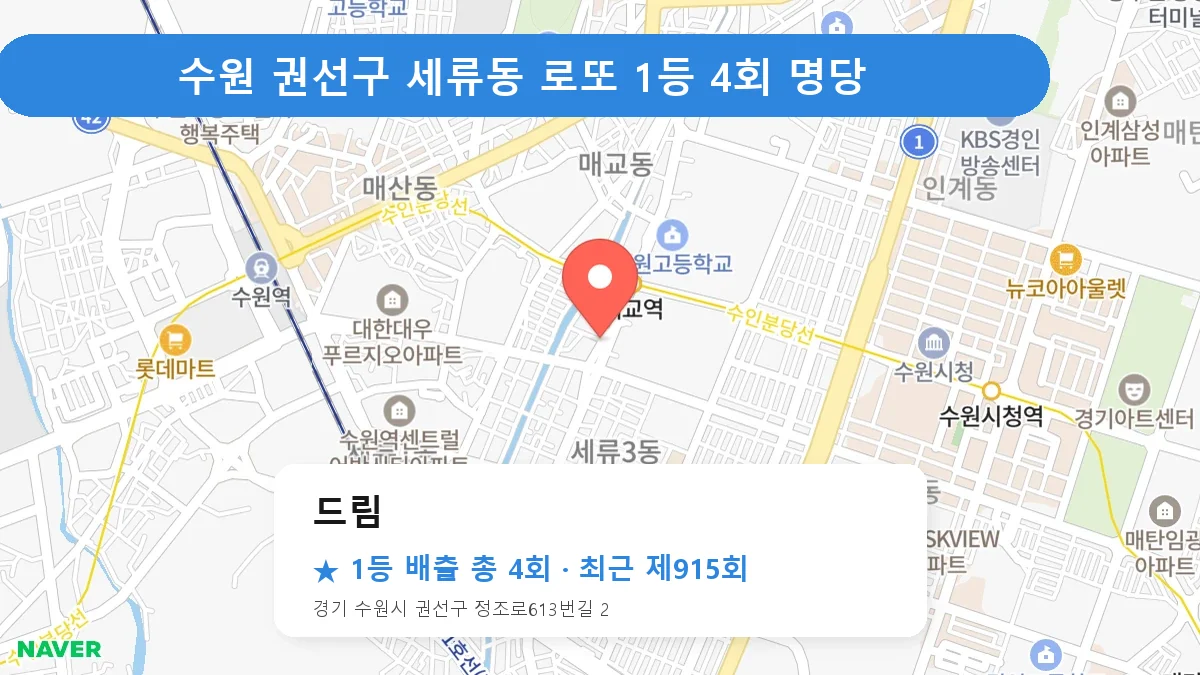 수원 권선구 드림 로또 1등 4회 명당 | 위치·당첨 이력 (경기 수원시 권선구 세류동)