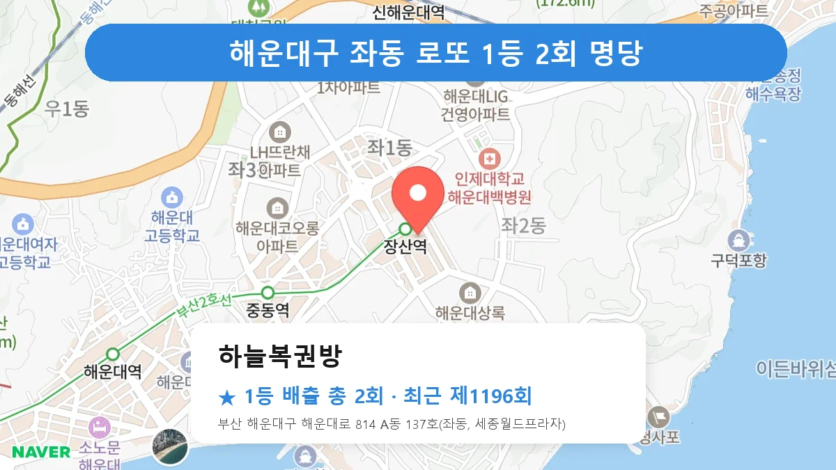 해운대구 하늘복권방 로또 1등 2회 명당 | 위치·당첨 이력 (부산 해운대구 좌동)