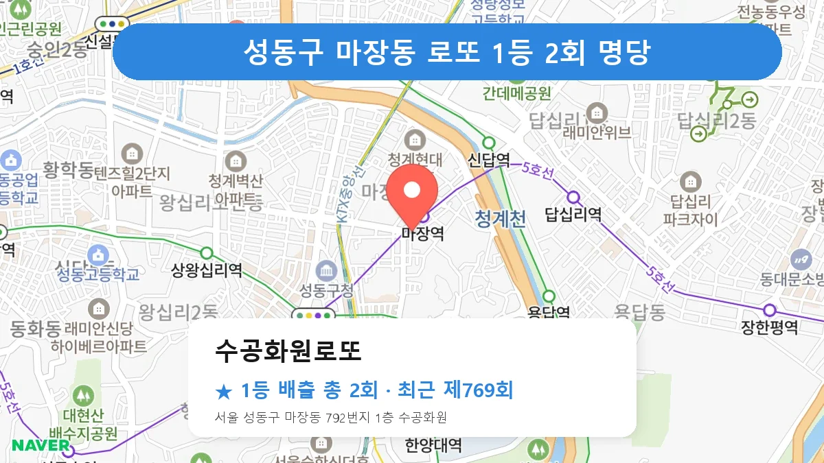 성동구 수공화원로또 로또 1등 2회 명당 | 위치·당첨 이력 (서울 성동구 마장동)