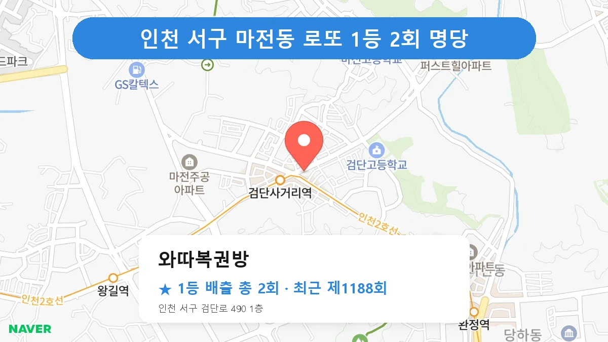 인천 서구 와따복권방 로또 1등 2회 명당 | 위치·당첨 이력 (인천 서구 마전동)