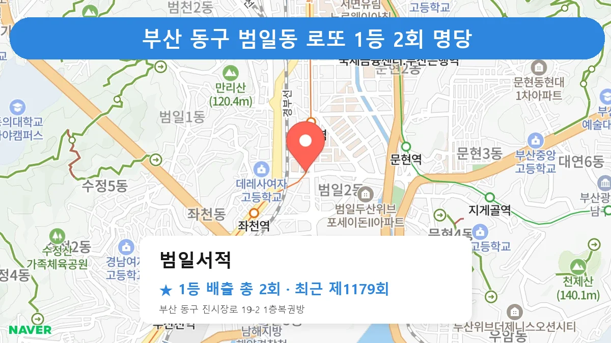 부산 동구 범일서적 로또 1등 2회 명당 | 위치·당첨 이력 (부산 동구 범일동)